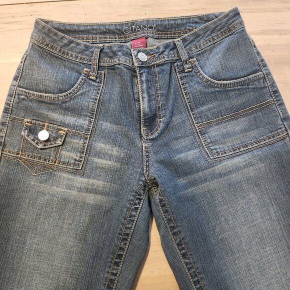 Gitano Flared Jeans Boho Blue Denim Flap Button Pockets Unique Womens 10 EUC - Picture 5 of 12